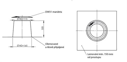 DWV52 Prostup střechou 0 - 5° nerezové lemování (včetně manžety) pr. 150 mm