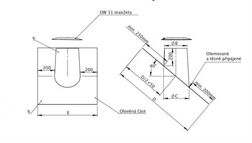DWV54 Prostup střechou 36°- 45° olověné lemování (včetně manžety) pr. 200 mm